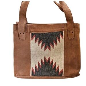 MZ MADE Leather Tote Bag Woven Wool Blanket Accent Brown